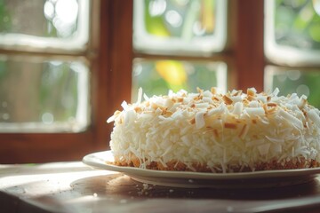 Poster - Closeup of a tasty homemade coconut cake with coconut chips on a wooden table by a window perfect with coffee