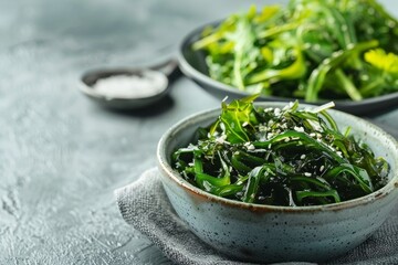 Sticker - Closeup of bowl with delicious seaweed salad on gray table