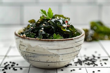 Sticker - Closeup of delicious seaweed salad in white bowl on tiled table