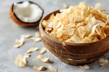 Sticker - Coconut chips in a bowl on a light background