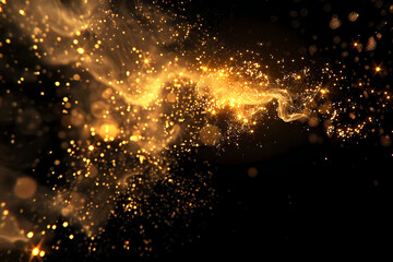 Wall Mural - gold flow and golden glitter smoke particles background, shimmer glow or dust light spray. golden fr