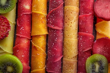 Sticker - Colorful fruit leather on crushed fruit mats fruit candy Top view