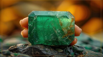 Canvas Print - Emerald Gemstone in Hand on a Rock