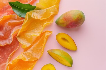 Poster - Colorful mango fruit leather and fresh mango on a light surface