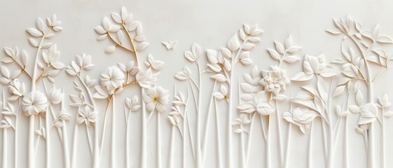 Canvas Print - Elegant White Floral Wall Art with Delicate 3D Flowers and Leaves in Minimalist Design