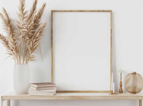 A mockup of a vertical frame in a neutral, warm-toned minimalist setting with a vase of pampas grass, books, and a wooden shelf on an empty white wall background. Illustration, 3D rendering.