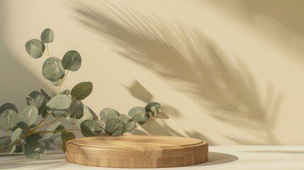 Poster - Mockup of cosmetic product on beige background with an empty wooden podium for product presentation and eucalyptus leaves