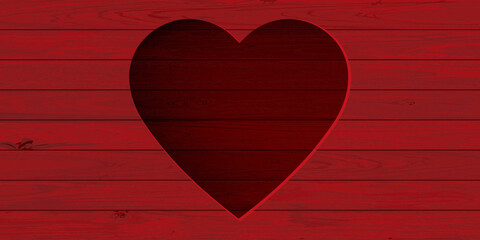 Abstract 3 dimension heart frame on red painted cut timber panels background with blank space. Valentine's day greeting card template.