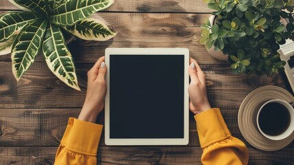 Poster - An image of a woman holding a black tablet computer with a blank white screen in top view
