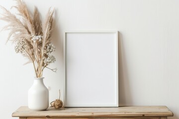 An elegant white frame mockup sits on a vintage wooden bench and table. A modern white ceramic vase sits on a dry ovatus grass tray and a gray linen blanket hangs in front. Scandinavian interior