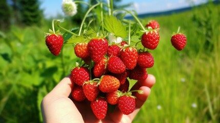 Poster - A hand holding a bunch of wild strawberries with green grass 