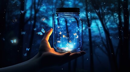 Sticker - A hand holding up an open jar with fairy lights inside