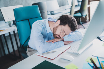 Sticker - Photo of successful elegant man sleep desktop wear shirt loft interior modern office indoors