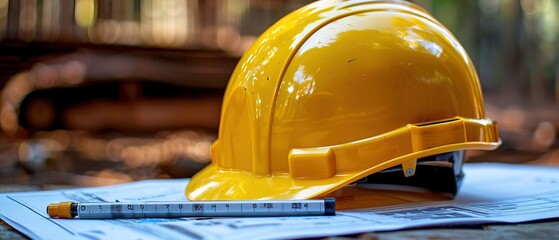 Wall Mural - Yellow hard safety helmet hat and the blueprint, pen, ruler, protractor, and tape measure on the table at the construction site