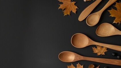 Poster - A black background with wooden spoons and leaves