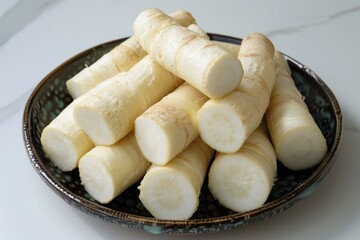 Poster - Detailed picture of boiled cassava on white background