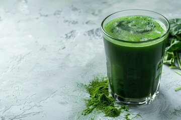 Detox green drink with chlorella in glass on white background Superfood concept Room for text