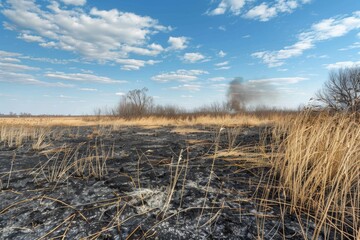 Canvas Print - Field scorched after wildfire Environment impacted by natural disaster Insect loss due to slash and burn farming