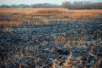 Canvas Print - Field with scorched grass and ash aftermath of wildfire environmental disaster affecting insects and agriculture