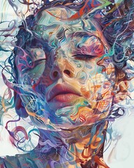 Wall Mural - AI generated illustration of a vibrant and colorful woman's face with intricate patterns and swirls