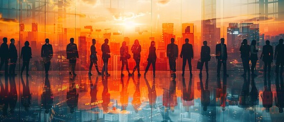 Wall Mural - Double exposure image of many business people conference group meeting on city office building in background