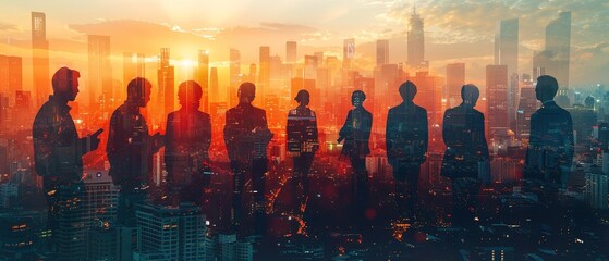 Wall Mural - Double exposure image of many business people conference group meeting on city office building in background