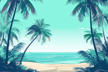 flat style illustration of a paradise beach with sandy shore and palm trees