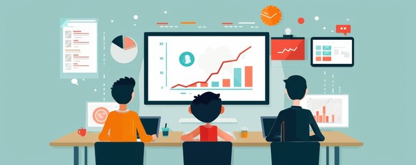 Wall Mural - Three individuals at desks analyze data and graphs on multiple screens, showcasing growth and business analytics in a modern workspace.