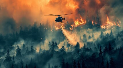 A helicopter fighting a wildfire in a forest, with flames and smoke billowing in the background.