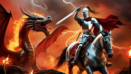 a man on a  horse against a fire dragon 