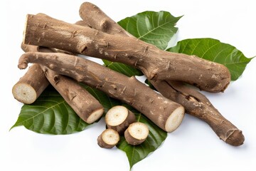 Poster - Fresh cassava tubers on leaves isolated on white top view for flour production