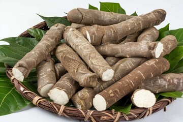 Wall Mural - Fresh cassava tubers on leaves isolated white background top view pile for tapioca starch industry