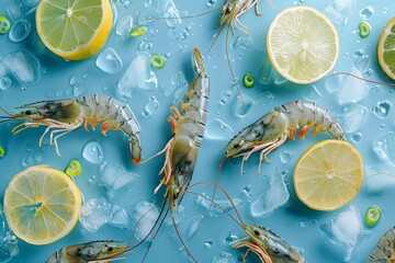 Sticker - Fresh gray and green tiger shrimp and langoustines on ice with lemon and lime slices and greens top view