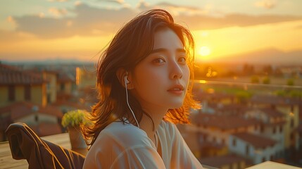 Poster - Young Woman Listening To Music at Sunset in an Italian City