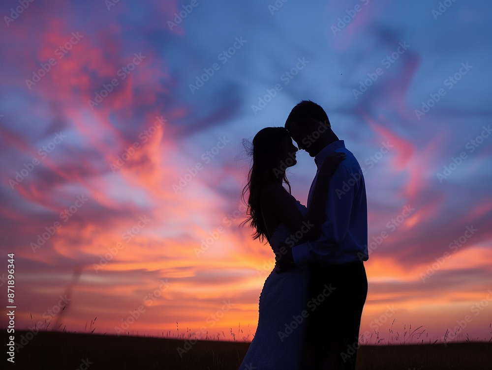 A silhouette of a couple against a vibrant sunset sky, sharing an ...