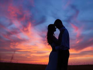 a silhouette of a couple against a vibrant sunset sky, sharing an intimate embrace or kiss, evoking 