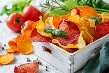 Poster - Fresh vegetable and carrot chips in a white box on white background Close up view