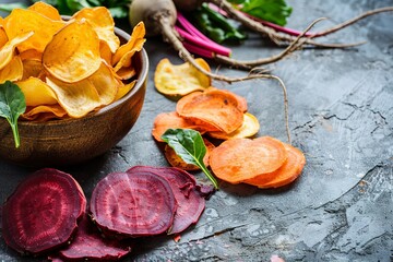 Wall Mural - Fresh vegetable chips on rustic background