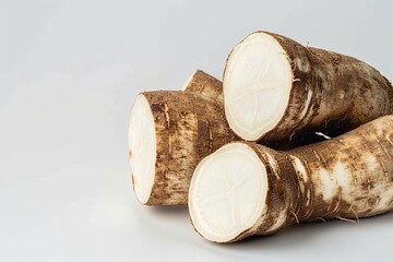 Poster - Freshly peeled cassava root on white background with copy space