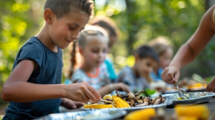 Wall Mural - Kids run around the clearing filling their plates with sweet corn and hearty grilled mushrooms.