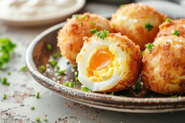 Canvas Print - Fried mashed potato balls with boiled egg inside on a plate