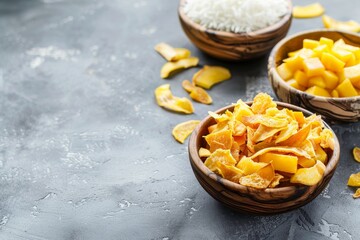 Poster - Healthy snacks dried mango coconut chips palm sugar in wooden bowls on grey stone background with copy space