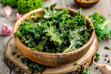 Poster - Green kale chips with balsamic vinegar in bowl on rustic wooden background Healthy snack