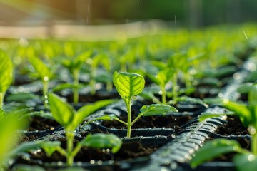 Poster - Green seedlings growing in an organic greenhouse using drip irrigation