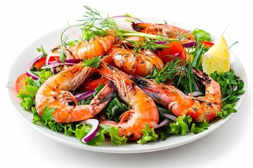 Wall Mural - Grilled Giant prawns salad on white plate White background