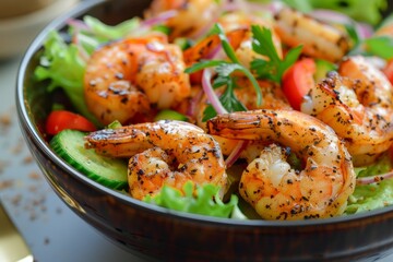 Wall Mural - Grilled salad shrimp with tasty spices in a bowl