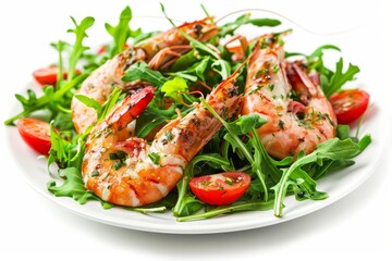 Wall Mural - Grilled tiger shrimp and prawn salad with arugula White background