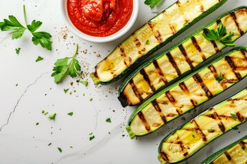 Canvas Print - Grilled zucchini on marble table sauce flat lay text space