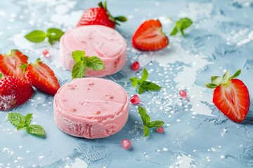 Poster - Handmade strawberry candy with fresh strawberries on a pale blue surface