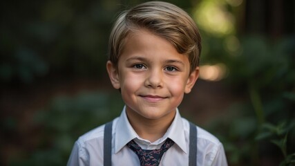 Young boy with a smile, dressed in formal clothes with suspenders and tie, standing outdoors against a natural background.
